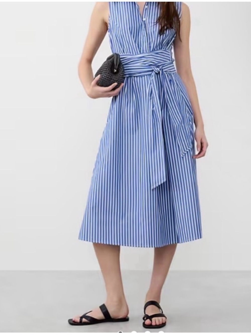 Blue Stripe Midi Dress with Waist Tie